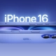 Ilustración de promoción del iPhone 16 azul metálico con diseño minimalista