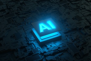 Ilustración de un chip AI brillante sobre circuitos