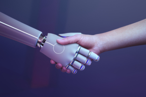 Ilustración de manos de humano y robot estrechándose