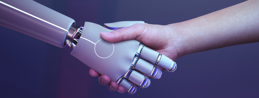 Ilustración de manos de humano y robot estrechándose