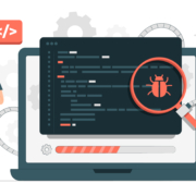 Ilustración de un análisis de errores de software con lupa sobre código y un programador con Tablet