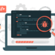 Ilustración de un análisis de errores de software con lupa sobre código y un programador con Tablet
