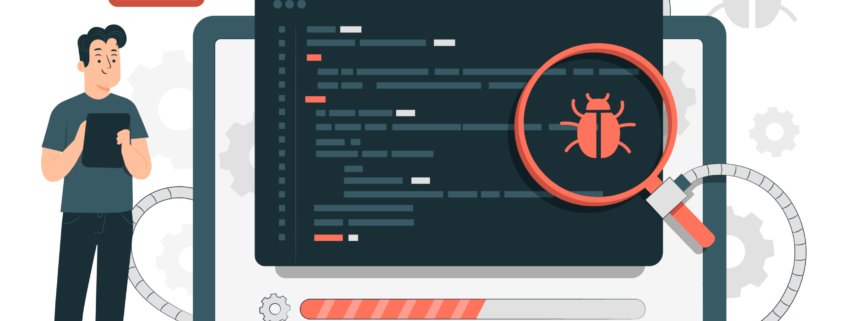 Ilustración de un análisis de errores de software con lupa sobre código y un programador con Tablet