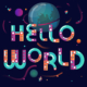 Ilustración de un diseño colorido de 'Hello World' con temática espacial