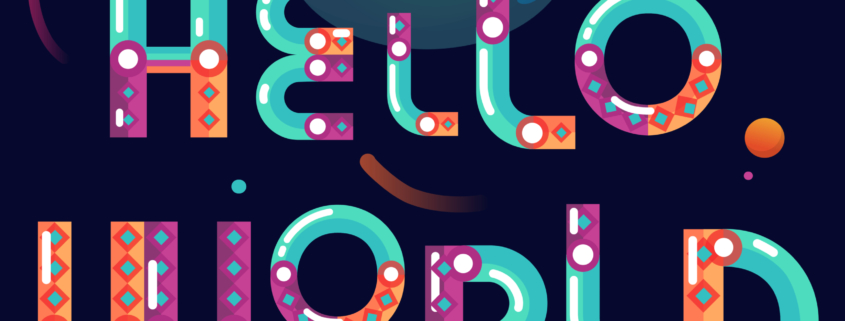 Ilustración de un diseño colorido de 'Hello World' con temática espacial