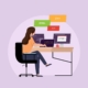 Ilustración de una programadora en su escritorio con monitores y lenguajes de programación