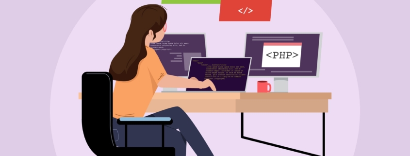 Ilustración de una programadora en su escritorio con monitores y lenguajes de programación