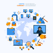 Virtual Currency Round Composition Flat Style dibujos de diferentes elementos como monedas, portatiles, lupas.
