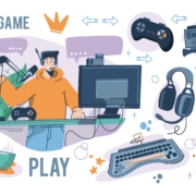 dibujo de chico jugando al ordenador rodeado de teclado, auriculares, raton, micrófono.