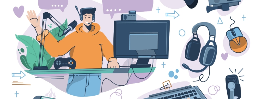 dibujo de chico jugando al ordenador rodeado de teclado, auriculares, raton, micrófono.