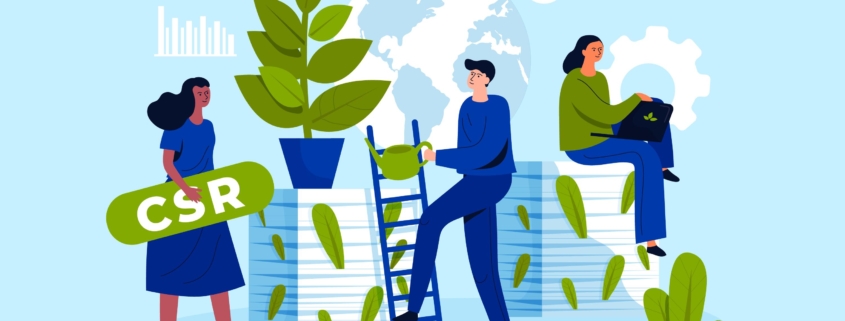 dibujo de tres personas rodeados de plantas y un cartel de CSR
