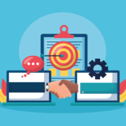 Ilustración de dos computadoras con apretón de manos