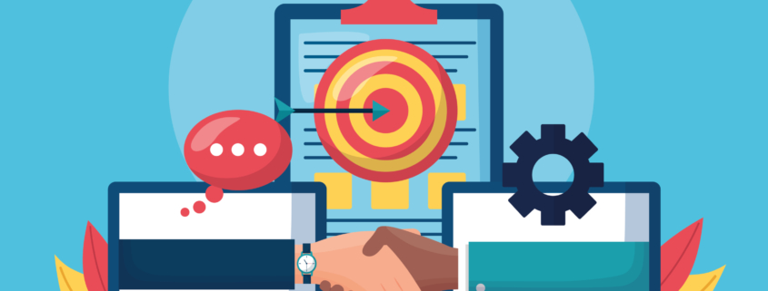 Ilustración de dos computadoras con apretón de manos