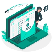 Ilustración de un hacker robando datos mediante phishing en una computadora