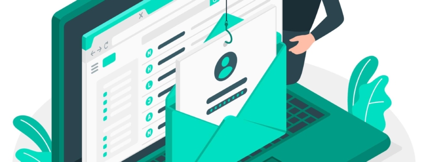 Ilustración de un hacker robando datos mediante phishing en una computadora