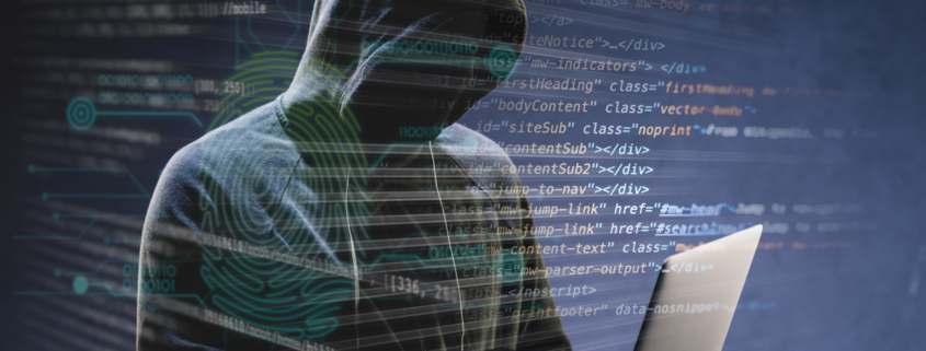 Ilustración de un hacker encapuchada escribiendo código en una laptop
