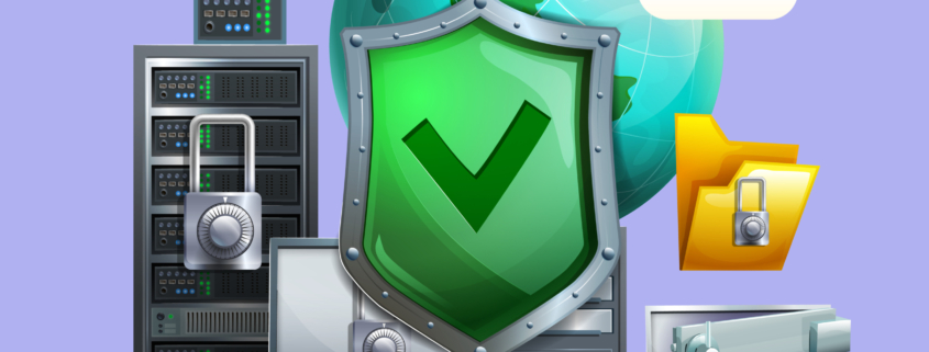 Ilustración de un escudo de seguridad verde y protección de datos