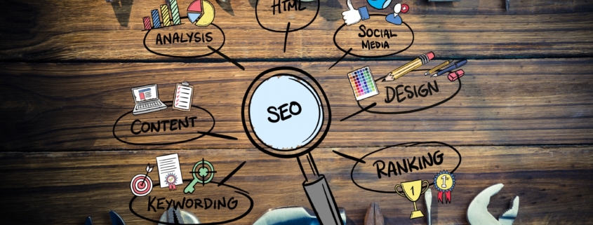 imagen de herramientas de trabajo rodeando un cartel de SEO