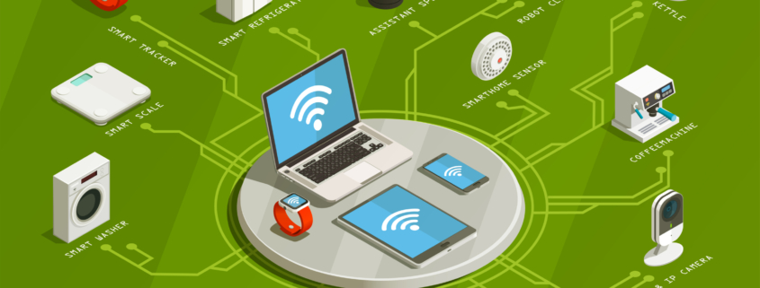 Ilustración de un ecosistema de dispositivos inteligentes conectados mediante IoT